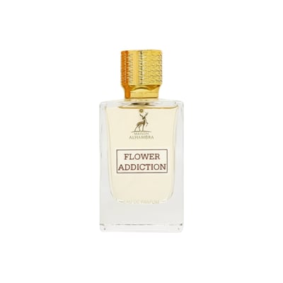 Maison Alhambra Flower Addiction by Maison Alhambra for Him 100ml — Clear glass perfume bottle with a gold textured cap, featuring a deer logo and 'Flower Addiction' text on a white background. | Maison Alhambra Flower Addiction by Maison Alhambra for Him 100ml — Botol minyak wangi kaca jernih dengan penutup