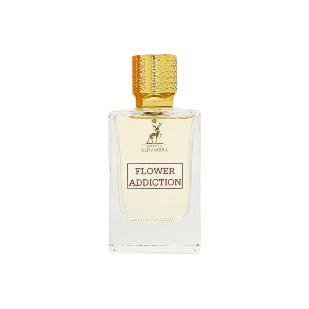 Maison Alhambra Flower Addiction by Maison Alhambra for Him 100ml — Clear glass perfume bottle with a gold textured cap, featuring a deer logo and 'Flower Addiction' text on a white background. | Maison Alhambra Flower Addiction by Maison Alhambra for Him 100ml — Botol minyak wangi kaca jernih dengan penutup