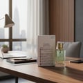 Maison Alhambra Flower Addiction by Maison Alhambra for Him 100ml — A perfume bottle and its box sit on a wooden desk next to a laptop and a pen, with a blurred city skyline visible through a window. | Maison Alhambra Flower Addiction by Maison Alhambra for Him 100ml — Botol minyak wangi dan kotaknya terletak di atas