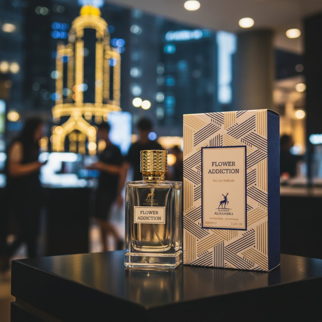 Maison Alhambra Flower Addiction by Maison Alhambra for Him 100ml — A clear glass perfume bottle with a gold cap sits on a dark surface next to its patterned box, with a blurred cityscape and people in the background. | Maison Alhambra Flower Addiction by Maison Alhambra for Him 100ml — Botol minyak wangi kaca jernih