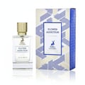 Maison Alhambra Flower Addiction by Maison Alhambra for Him 100ml — A clear glass perfume bottle with a gold textured cap sits next to its matching box, which features a geometric blue and gold pattern. | Maison Alhambra Flower Addiction by Maison Alhambra for Him 100ml — Botol minyak wangi kaca jernih dengan penutup