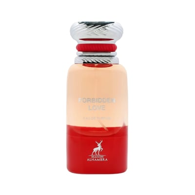 Maison Alhambra Forbidden Love by Maison Alhambra 80ml EDP Women — A clear glass perfume bottle with a gradient of peach to red liquid, a silver and red cap, and the brand logo at the bottom | Maison Alhambra Forbidden Love by Maison Alhambra 80ml EDP Women — Botol minyak wangi kaca jernih dengan cecair gradien dari