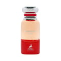 Maison Alhambra Forbidden Love by Maison Alhambra 80ml EDP Women — A clear glass perfume bottle with a gradient of peach to red liquid, a silver and red cap, and the brand logo at the bottom | Maison Alhambra Forbidden Love by Maison Alhambra 80ml EDP Women — Botol minyak wangi kaca jernih dengan cecair gradien dari