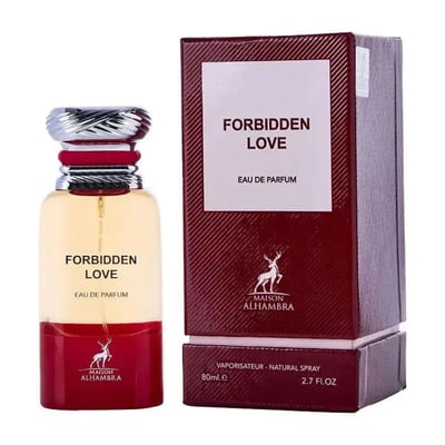 Maison Alhambra Forbidden Love by Maison Alhambra 80ml EDP Women — A clear glass perfume bottle with a red and gold gradient base and a silver cap sits next to its matching red textured box with a white label. | Maison Alhambra Forbidden Love by Maison Alhambra 80ml EDP Women — Botol minyak wangi kaca jernih dengan