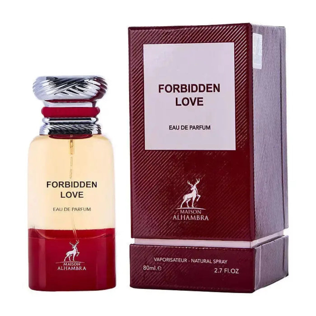 Maison Alhambra Forbidden Love by Maison Alhambra 80ml EDP Women — A clear glass perfume bottle with a red and gold gradient base and a silver cap sits next to its matching red textured box with a white label. | Maison Alhambra Forbidden Love by Maison Alhambra 80ml EDP Women — Botol minyak wangi kaca jernih dengan