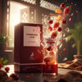 Maison Alhambra Forbidden Love by Maison Alhambra 80ml EDP Women — A perfume bottle exploding with strawberries, cherries, and orange slices, with a red box and shattered glass fragments | Maison Alhambra Forbidden Love by Maison Alhambra 80ml EDP Women — Botol minyak wangi meletup dengan strawberi, ceri, dan hirisan