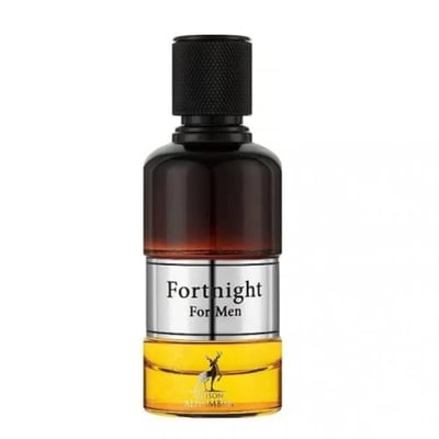 Maison Alhambra Fortnight by Maison Alhambra 100ml EDP Men — A clear glass perfume bottle with a dark brown gradient top, a silver band with black text, and amber liquid at the bottom, featuring a deer silhouette logo. | Maison Alhambra Fortnight by Maison Alhambra 100ml EDP Men — Botol minyak wangi kaca jernih dengan