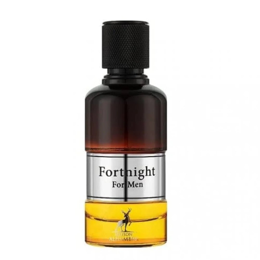 Maison Alhambra Fortnight by Maison Alhambra 100ml EDP Men — A clear glass perfume bottle with a dark brown gradient top, a silver band with black text, and amber liquid at the bottom, featuring a deer silhouette logo. | Maison Alhambra Fortnight by Maison Alhambra 100ml EDP Men — Botol minyak wangi kaca jernih dengan