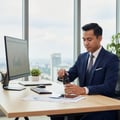 Maison Alhambra Fortnight by Maison Alhambra 100ml EDP Men — Man in suit opening a small amber bottle at a desk with a computer and city view. | Lelaki bersuit membuka botol kecil berwarna ambar di meja dengan komputer dan pemandangan bandar.