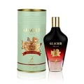 Maison Alhambra Glacier Bella EDP 100ml Women Perfume Maison Alhambra — A pale green cylindrical box with gold accents and rose illustrations stands next to a gradient red-to-clear glass perfume bottle with a gold cap. | Maison Alhambra Glacier Bella EDP 100ml Women Perfume Maison Alhambra — Kotak silinder hijau pucat