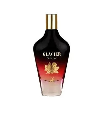 Maison Alhambra Glacier Bella EDP 100ml Women Perfume Maison Alhambra — A gradient glass perfume bottle with a black top fading to red and then clear at the bottom, featuring a gold rose emblem and text. | Maison Alhambra Glacier Bella EDP 100ml Women Perfume Maison Alhambra — Botol minyak wangi kaca gradien dengan