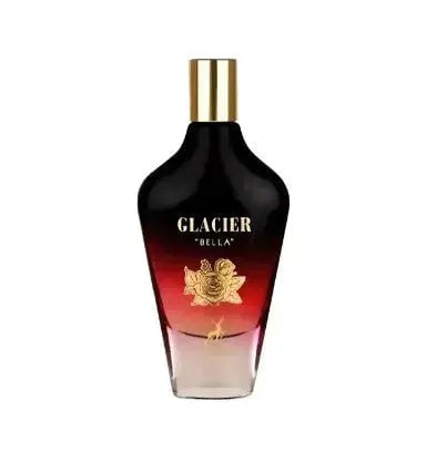 Maison Alhambra Glacier Bella EDP 100ml Women Perfume Maison Alhambra — A gradient glass perfume bottle with a black top fading to red and then clear at the bottom, featuring a gold rose emblem and text. | Maison Alhambra Glacier Bella EDP 100ml Women Perfume Maison Alhambra — Botol minyak wangi kaca gradien dengan