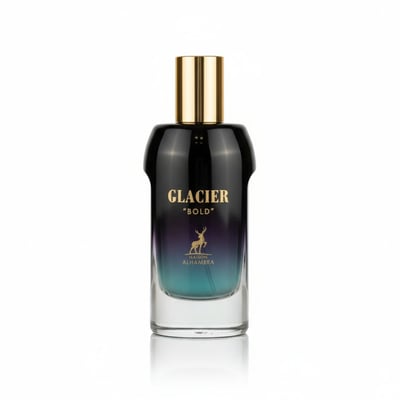 Maison Alhambra Glacier Bold by Maison Alhambra 100ml EDP — A clear glass perfume bottle with a black cap and a gradient from purple to teal, featuring a gold deer logo and text. | Maison Alhambra Glacier Bold by Maison Alhambra 100ml EDP — Botol minyak wangi kaca jernih dengan penutup hitam dan gradien dari ungu ke