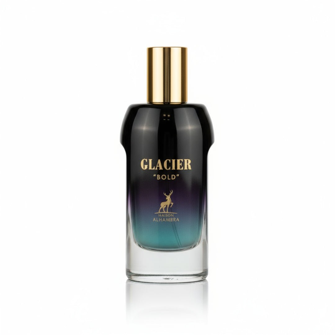 Maison Alhambra Glacier Bold by Maison Alhambra 100ml EDP — A clear glass perfume bottle with a black cap and a gradient from purple to teal, featuring a gold deer logo and text. | Maison Alhambra Glacier Bold by Maison Alhambra 100ml EDP — Botol minyak wangi kaca jernih dengan penutup hitam dan gradien dari ungu ke
