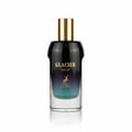 Maison Alhambra Glacier Bold by Maison Alhambra 100ml EDP — A clear glass perfume bottle with a black cap and a gradient from purple to teal, featuring a gold deer logo and text. | Maison Alhambra Glacier Bold by Maison Alhambra 100ml EDP — Botol minyak wangi kaca jernih dengan penutup hitam dan gradien dari ungu ke