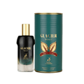 Maison Alhambra Glacier Bold by Maison Alhambra 100ml EDP — A black perfume bottle with a gold cap stands next to a teal cylindrical box, both featuring gold text and a deer emblem. | Maison Alhambra Glacier Bold by Maison Alhambra 100ml EDP — Botol minyak wangi hitam bertudung emas berdiri di sebelah kotak silinder