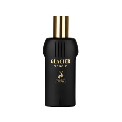 Maison Alhambra Glacier Le Noir — Black perfume bottle with gold cap and gold deer logo, text reads "GLACIER "LE NOIR" MAISON ALHAMBRA" | Maison Alhambra Glacier Le Noir — Botol minyak wangi hitam dengan penutup emas dan logo rusa emas, teks tertulis "GLACIER "LE NOIR" MAISON ALHAMBRA"