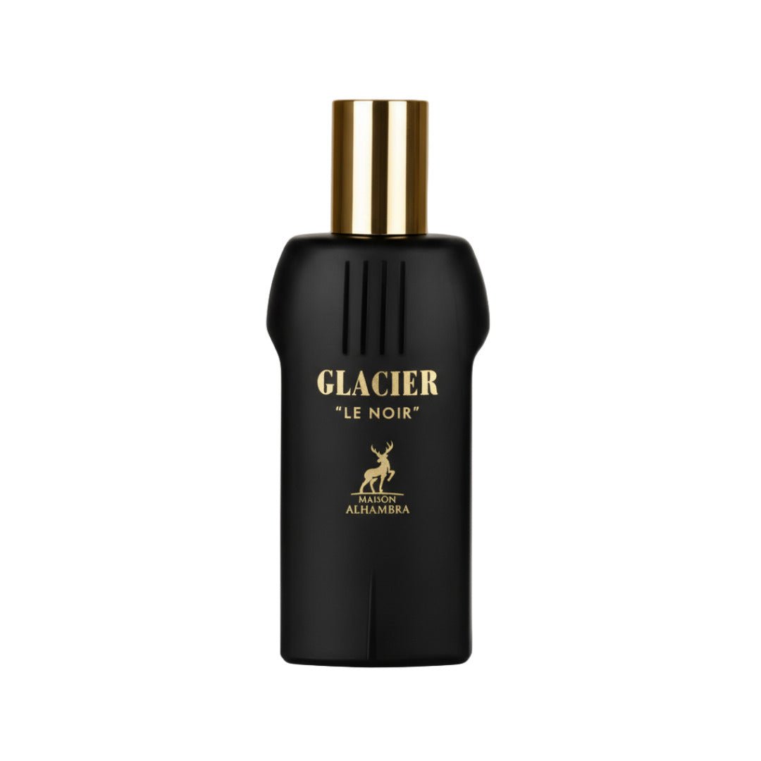 Maison Alhambra Glacier Le Noir — Black perfume bottle with gold cap and gold deer logo, text reads "GLACIER "LE NOIR" MAISON ALHAMBRA" | Maison Alhambra Glacier Le Noir — Botol minyak wangi hitam dengan penutup emas dan logo rusa emas, teks tertulis "GLACIER "LE NOIR" MAISON ALHAMBRA"