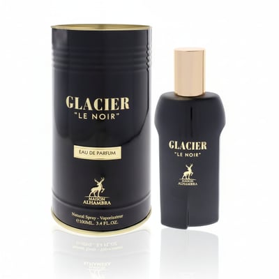 Maison Alhambra Glacier Le Noir — Black cylindrical can and matching black perfume bottle with gold accents, both featuring gold text and a deer logo. | Maison Alhambra Glacier Le Noir — Tin silinder hitam dan botol minyak wangi hitam yang sepadan dengan aksen emas, kedua-duanya menampilkan teks emas dan logo rusa.