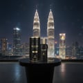 Maison Alhambra Glacier Le Noir — A black perfume bottle and its cylindrical case sit on a black table in front of the illuminated Petronas Twin Towers at night. | Maison Alhambra Glacier Le Noir — Sebotol minyak wangi hitam dan bekas silindernya terletak di atas meja hitam di hadapan Menara Berkembar Petronas yang
