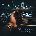 Maison Alhambra Glacier Le Noir — A hand holds a black perfume bottle with a gold cap inside a car at night, with blurred city lights in the background. | Tangan memegang botol minyak wangi hitam bertopi emas di dalam kereta pada waktu malam, dengan lampu bandar yang kabur di latar belakang.