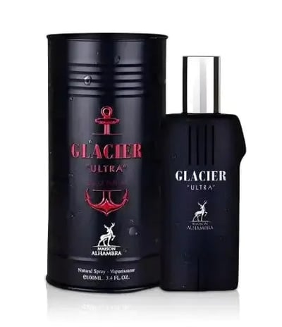 Maison Alhambra Glacier Ultra Man By Maison Alhambra Perfume EDP 100ml — A dark cylindrical can and a dark perfume bottle with a silver cap are displayed against a white background. | Maison Alhambra Glacier Ultra Man By Maison Alhambra Perfume EDP 100ml — Tin silinder gelap dan botol minyak wangi gelap dengan penutup
