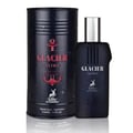 Maison Alhambra Glacier Ultra Man By Maison Alhambra Perfume EDP 100ml — A dark cylindrical can and a dark perfume bottle with a silver cap are displayed against a white background. | Maison Alhambra Glacier Ultra Man By Maison Alhambra Perfume EDP 100ml — Tin silinder gelap dan botol minyak wangi gelap dengan penutup