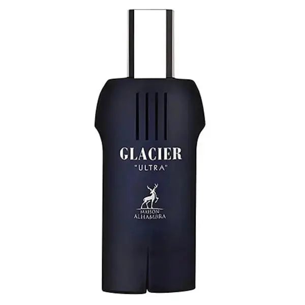 Maison Alhambra Glacier Ultra Man By Maison Alhambra Perfume EDP 100ml — A dark cylindrical can and a dark perfume bottle with a silver cap are displayed against a white background. | Maison Alhambra Glacier Ultra Man By Maison Alhambra Perfume EDP 100ml — Tin silinder gelap dan botol minyak wangi gelap dengan penutup