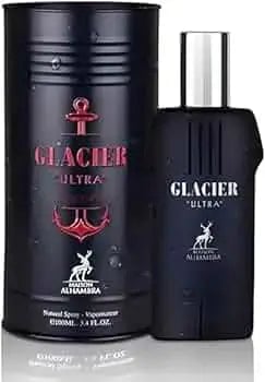 Maison Alhambra Glacier Ultra Man By Maison Alhambra Perfume EDP 100ml — A dark cylindrical can and a dark perfume bottle with a silver cap are displayed against a white background. | Maison Alhambra Glacier Ultra Man By Maison Alhambra Perfume EDP 100ml — Tin silinder gelap dan botol minyak wangi gelap dengan penutup
