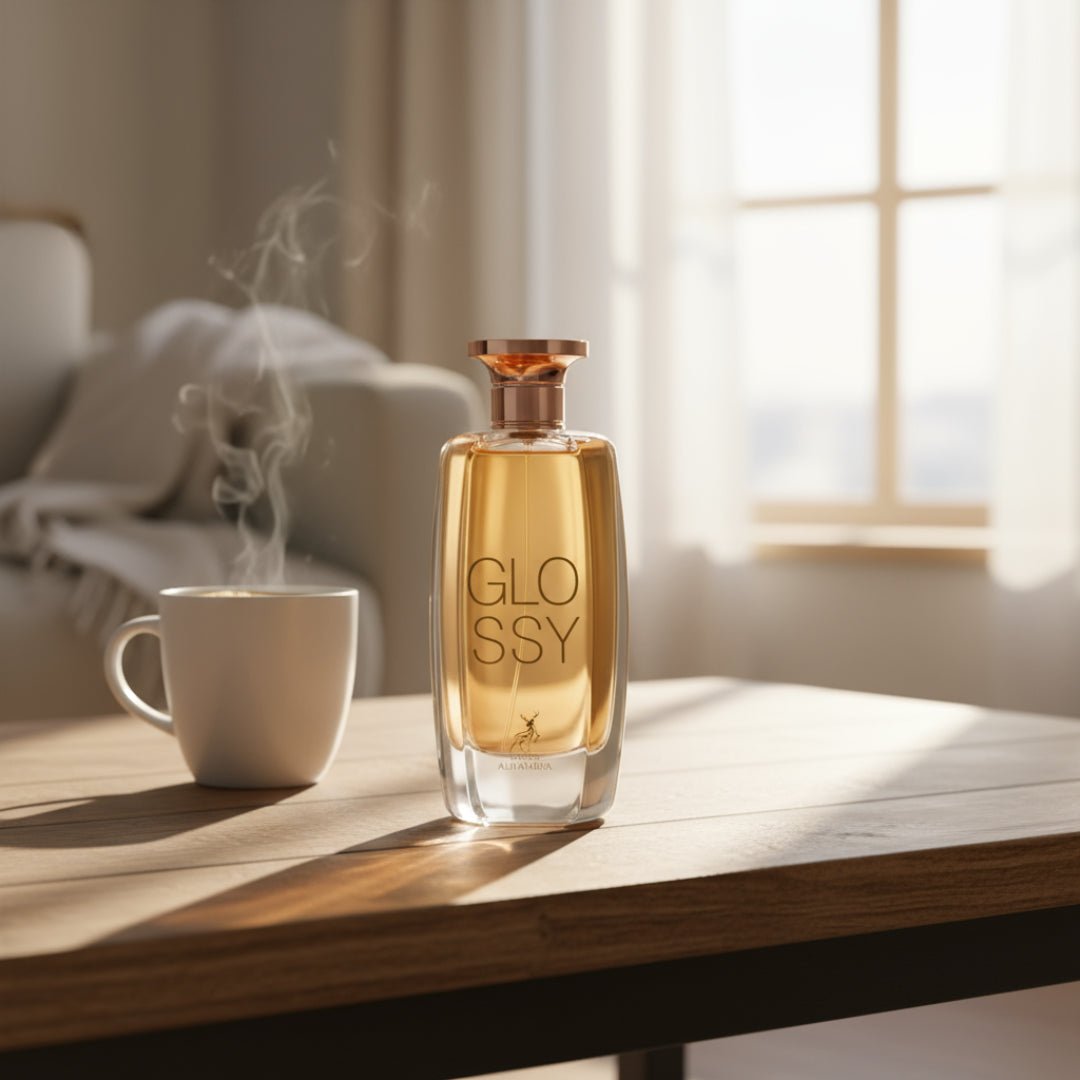 Maison Alhambra Glossy By Maison Alhambra 100ml Women EDP — A clear glass perfume bottle with golden liquid and a rose gold cap sits on a wooden table next to a steaming white mug, with a blurred living room and window in the background. | Maison Alhambra Glossy By Maison Alhambra 100ml Women EDP — Botol minyak wangi