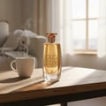 Maison Alhambra Glossy By Maison Alhambra 100ml Women EDP — A clear glass perfume bottle with golden liquid and a rose gold cap sits on a wooden table next to a steaming white mug, with a blurred living room and window in the background. | Maison Alhambra Glossy By Maison Alhambra 100ml Women EDP — Botol minyak wangi