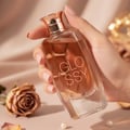 Maison Alhambra Glossy By Maison Alhambra 100ml Women EDP — Hand holding a clear glass perfume bottle with rose gold accents and "GLOSSY" text, with a dried rose and pearls in the background. | Maison Alhambra Glossy By Maison Alhambra 100ml Women EDP — Tangan memegang botol minyak wangi kaca jernih dengan aksen emas