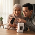 Maison Alhambra Dark Door Sport Men 100ml EDP — A woman in a hijab and a man in a patterned shirt look at a perfume bottle and its box on a wooden table. | Maison Alhambra Dark Door Sport Men 100ml EDP — Seorang wanita bertudung dan seorang lelaki berbaju bercorak melihat botol minyak wangi dan kotaknya di atas meja