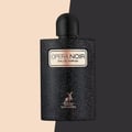 Maison Alhambra Opera Noir by Maison Alhambra 100ml EDP — A black, glitter-flecked perfume bottle with a black cap, featuring a gold label with "OPERA NOIR EAU DE PARFUM" and a deer silhouette logo at the bottom. | Maison Alhambra Opera Noir by Maison Alhambra 100ml EDP — Botol minyak wangi hitam bertabur kilauan