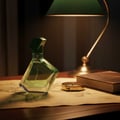 Maison Alhambra Luxe Bold by Maison Alhambra – 100 ml Unisex — A geometric green glass perfume bottle with a green cap sits on an old map next to a brass compass and a leather-bound book, illuminated by a green banker's lamp. | Maison Alhambra Luxe Bold by Maison Alhambra – 100 ml Unisex — Botol kaca hijau geometrik