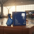 Maison Alhambra Luxe Journey — Blue patterned glass perfume bottle and navy blue gift box on a brown leather suitcase in an airport terminal | Maison Alhambra Luxe Journey — Botol kaca biru bermotif dan kotak hadiah biru navy di atas beg kulit coklat di terminal lapangan terbang