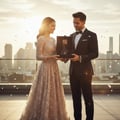 Maison Alhambra Luxe Street — A man in a tuxedo presents a gift box containing a perfume bottle to a woman in an elegant gown, with confetti falling and a city skyline in the background. | Maison Alhambra Luxe Street — Seorang lelaki bertuxedo menyerahkan kotak hadiah berisi botol minyak wangi kepada wanita bergaun