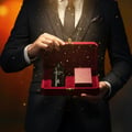 Maison Alhambra Salvo Elixir by Maison Alhambra – 60 ml for Men — A man in a suit opens a red velvet box revealing a black perfume bottle and a small red box, with gold confetti falling. | Maison Alhambra Salvo Elixir by Maison Alhambra – 60 ml for Men — Seorang pria bersuit membuka kotak beludru merah yang