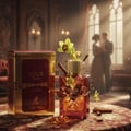 Maison Alhambra Tobacco Your Touch — A luxurious perfume bottle and its box sit on a patterned tablecloth, with orchids and cinnamon sticks as accents, and a couple dancing in the blurred background. | Maison Alhambra Tobacco Your Touch — Botol dan kotak minyak wangi mewah terletak di atas alas meja bermotif, dengan