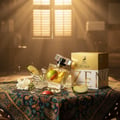 Maison Alhambra Zeno – A clear glass perfume bottle with a gold liquid, tilted and splashing, surrounded by apple slices and white flowers on a patterned cloth, with a golden box in the background. | Maison Alhambra Zeno – Botol kaca jernih berisi cecair keemasan, condong dan berbuih, dikelilingi hirisan epal dan
