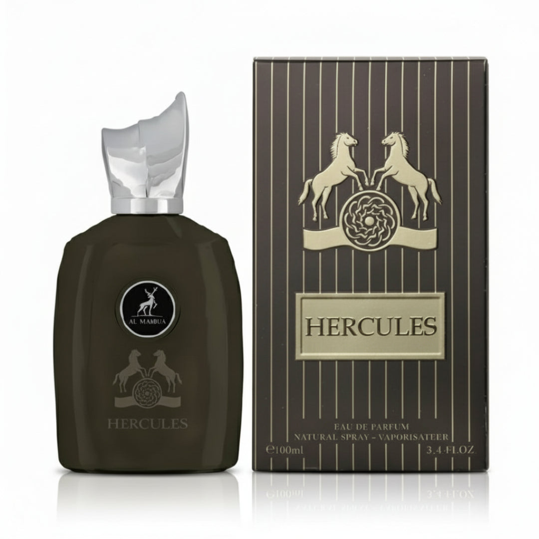 Maison Alhambra Hercules by Maison Alhambra For Him 100ml — A dark brown perfume bottle with a silver cap sits next to its matching dark brown box with vertical gold stripes and two gold horses. | Maison Alhambra Hercules by Maison Alhambra For Him 100ml — Botol minyak wangi coklat gelap dengan penutup perak terletak