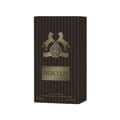 Maison Alhambra Hercules by Maison Alhambra For Him 100ml — A dark brown perfume box with vertical pinstripes and a gold emblem featuring two horses and a circular design, with the text "HERCULES" below. | Maison Alhambra Hercules by Maison Alhambra For Him 100ml — Kotak minyak wangi coklat gelap berjalur menegak