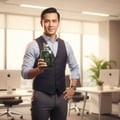 Maison Alhambra Hercules by Maison Alhambra For Him 100ml — A man in a vest and dress shirt holds a green perfume bottle in an office setting. | Maison Alhambra Hercules by Maison Alhambra For Him 100ml — Seorang lelaki berbaju vest dan kemeja memegang botol minyak wangi hijau dalam suasana pejabat.