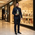 Maison Alhambra Hercules by Maison Alhambra For Him 100ml — Man in a dark suit holding a large, ornate perfume bottle in a shopping mall | Maison Alhambra Hercules by Maison Alhambra For Him 100ml — Lelaki berbaju gelap memegang botol minyak wangi besar yang berhias di pusat membeli-belah