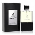 Maison Alhambra Avant — A black textured box sits to the left of a clear glass perfume bottle with a light yellow liquid and a black cap, featuring a deer logo and the text "MAISON ALHAMBRA AVANT" on both. | Maison Alhambra Avant — Kotak hitam bertekstur terletak di sebelah kiri botol minyak wangi kaca jernih dengan