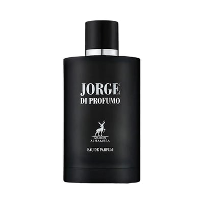 Maison Alhambra Jorge Di Profumo — Black perfume box and bottle with deer logo and text "JORGE DI PROFUMO" | Maison Alhambra Jorge Di Profumo — Kotak dan botol minyak wangi hitam dengan logo rusa dan teks "JORGE DI PROFUMO"