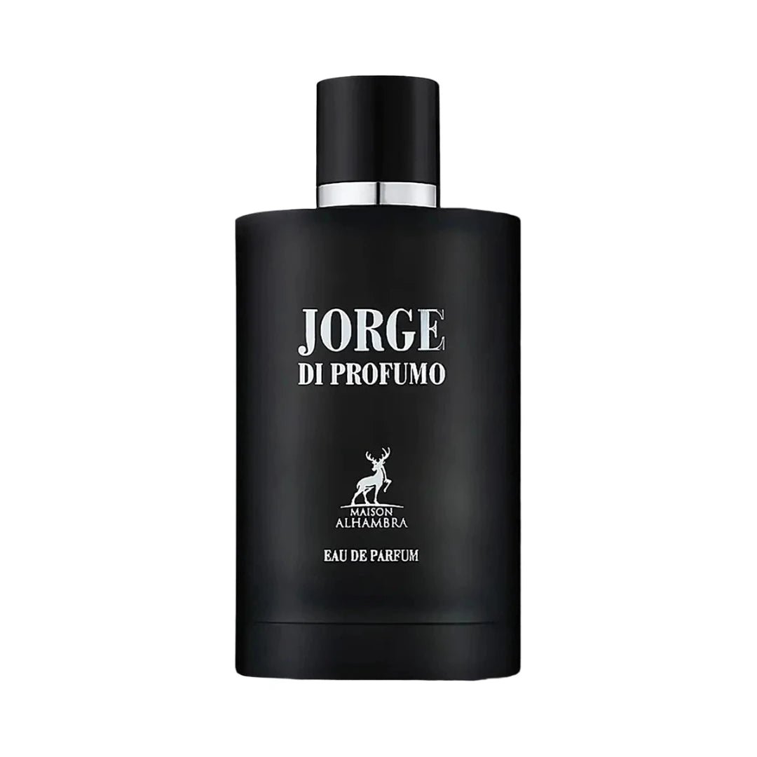 Maison Alhambra Jorge Di Profumo — Black perfume box and bottle with deer logo and text "JORGE DI PROFUMO" | Maison Alhambra Jorge Di Profumo — Kotak dan botol minyak wangi hitam dengan logo rusa dan teks "JORGE DI PROFUMO"
