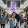 Maison Alhambra Infini Elixir Maison Alhambra 100ml EDP Men — A woman in a denim jacket reaches out towards a floating, glowing perfume bottle in a mall, with people blurred in the background. | Maison Alhambra Infini Elixir Maison Alhambra 100ml EDP Men — Seorang wanita berbaju denim menghulurkan tangan ke arah botol