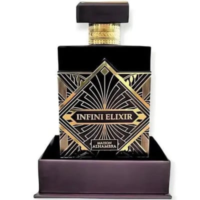 Maison Alhambra Infini Elixir Maison Alhambra 100ml EDP Men — Black and gold art deco style perfume bottle on a dark purple display stand. | Maison Alhambra Infini Elixir Maison Alhambra 100ml EDP Men — Botol minyak wangi gaya art deco hitam dan emas di atas tapak paparan ungu gelap.