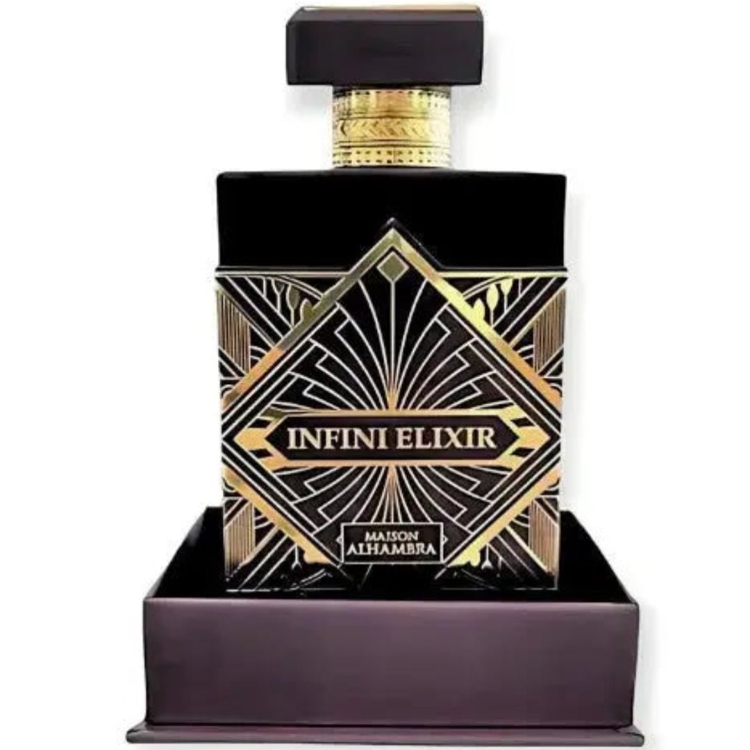 Maison Alhambra Infini Elixir Maison Alhambra 100ml EDP Men — Black and gold art deco style perfume bottle on a dark purple display stand. | Maison Alhambra Infini Elixir Maison Alhambra 100ml EDP Men — Botol minyak wangi gaya art deco hitam dan emas di atas tapak paparan ungu gelap.